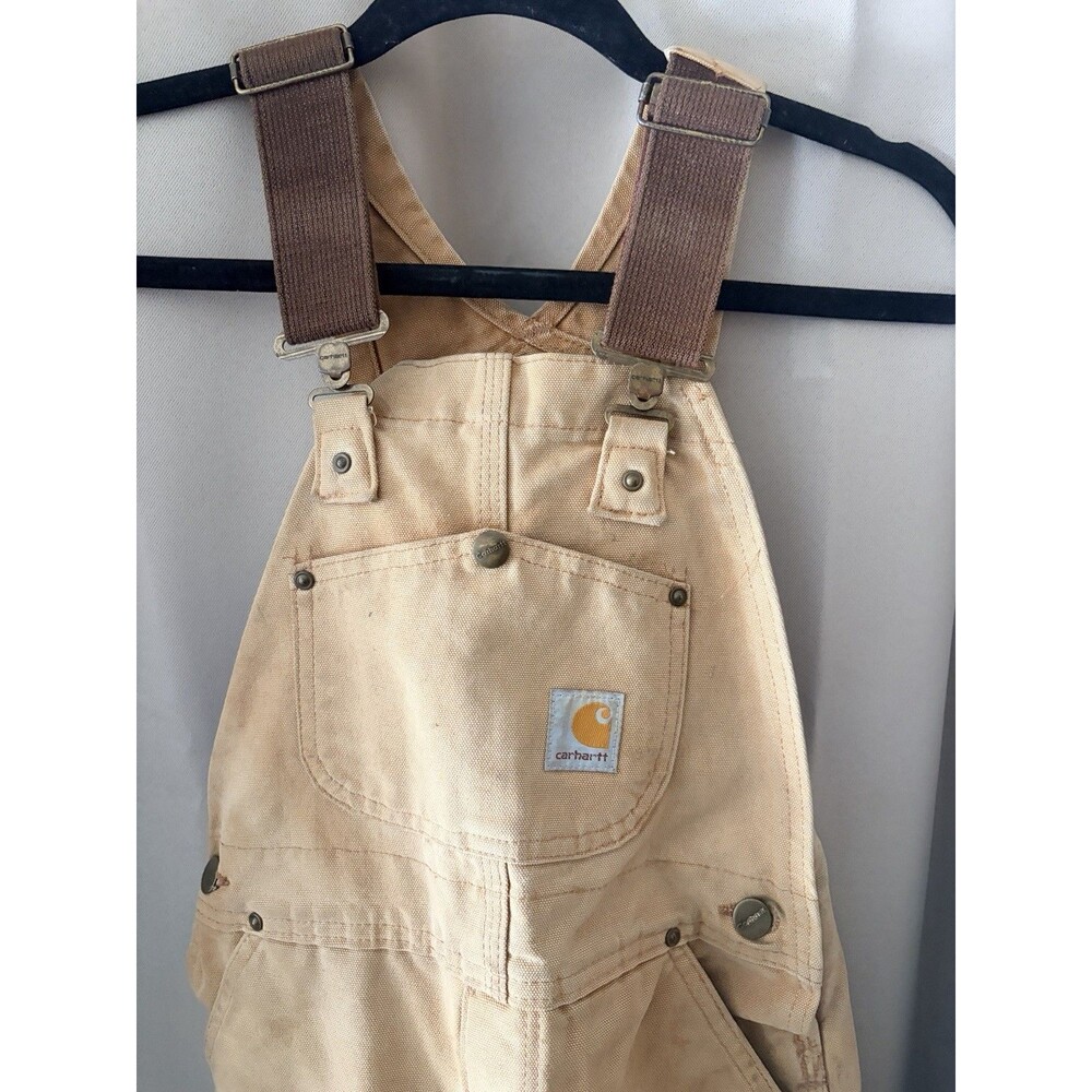 Vintage Carhartt Bibs Overalls Brown Double Knee Lined Canvas Kids M Seasoned - Picture 3 of 8